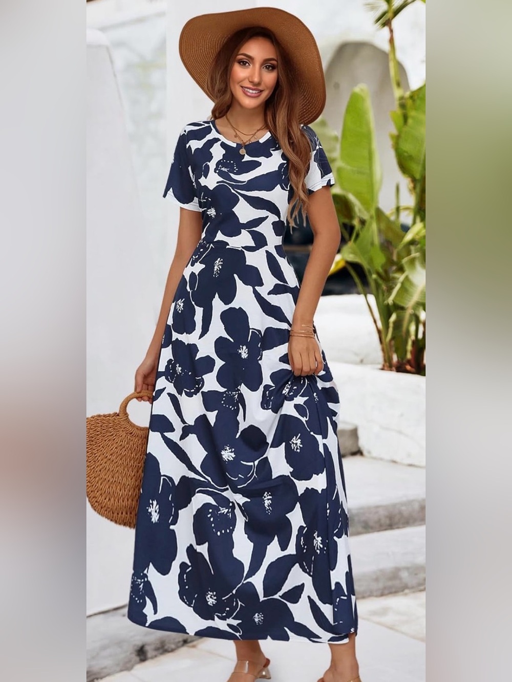 Navy Floral Maxi Dress with Pockets
